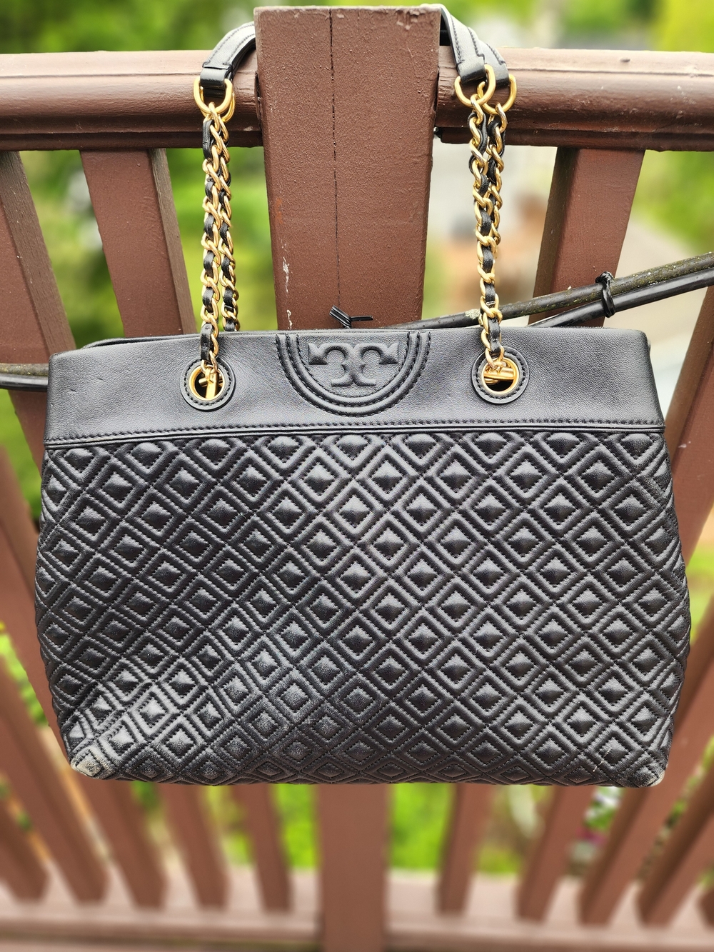 Tory Burch Fleming Quilted Black Chain-Handle Tote Bag - Gold Hardware